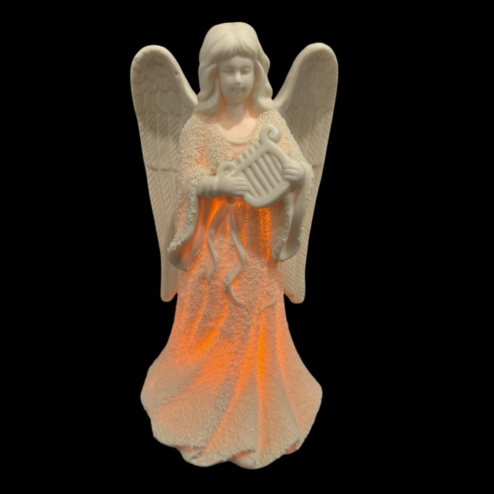 Porcelain Angel Figurine Pure White Bisque Playing Harp Rough Finish 9.5” Tall!